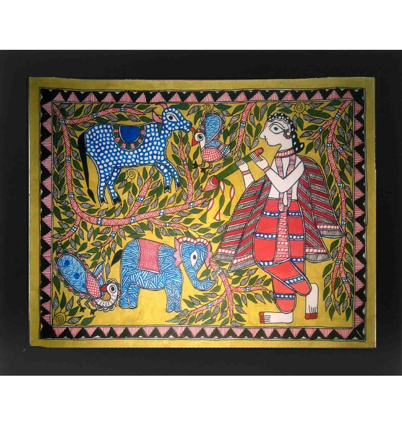 Madhubani Krishna With Cow Painting 